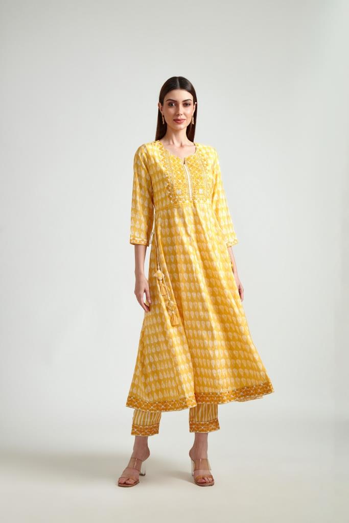 Neerus Women Yellow Printed Kurta with Trousers  Dupatta