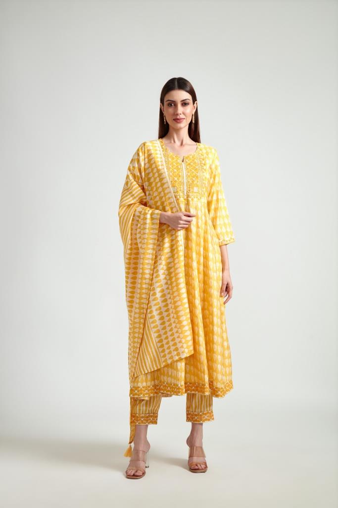 Neerus Women Yellow Printed Kurta with Trousers  Dupatta