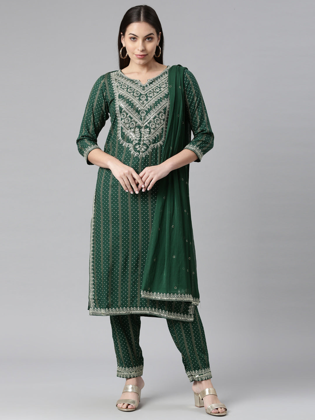 Neeru's Women Green Silver Bandhani Embroidered Kurta With Trousers With Dupatta