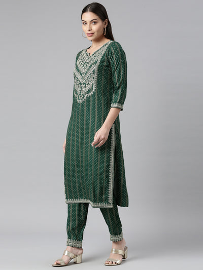 Neeru's Women Green Silver Bandhani Embroidered Kurta With Trousers With Dupatta