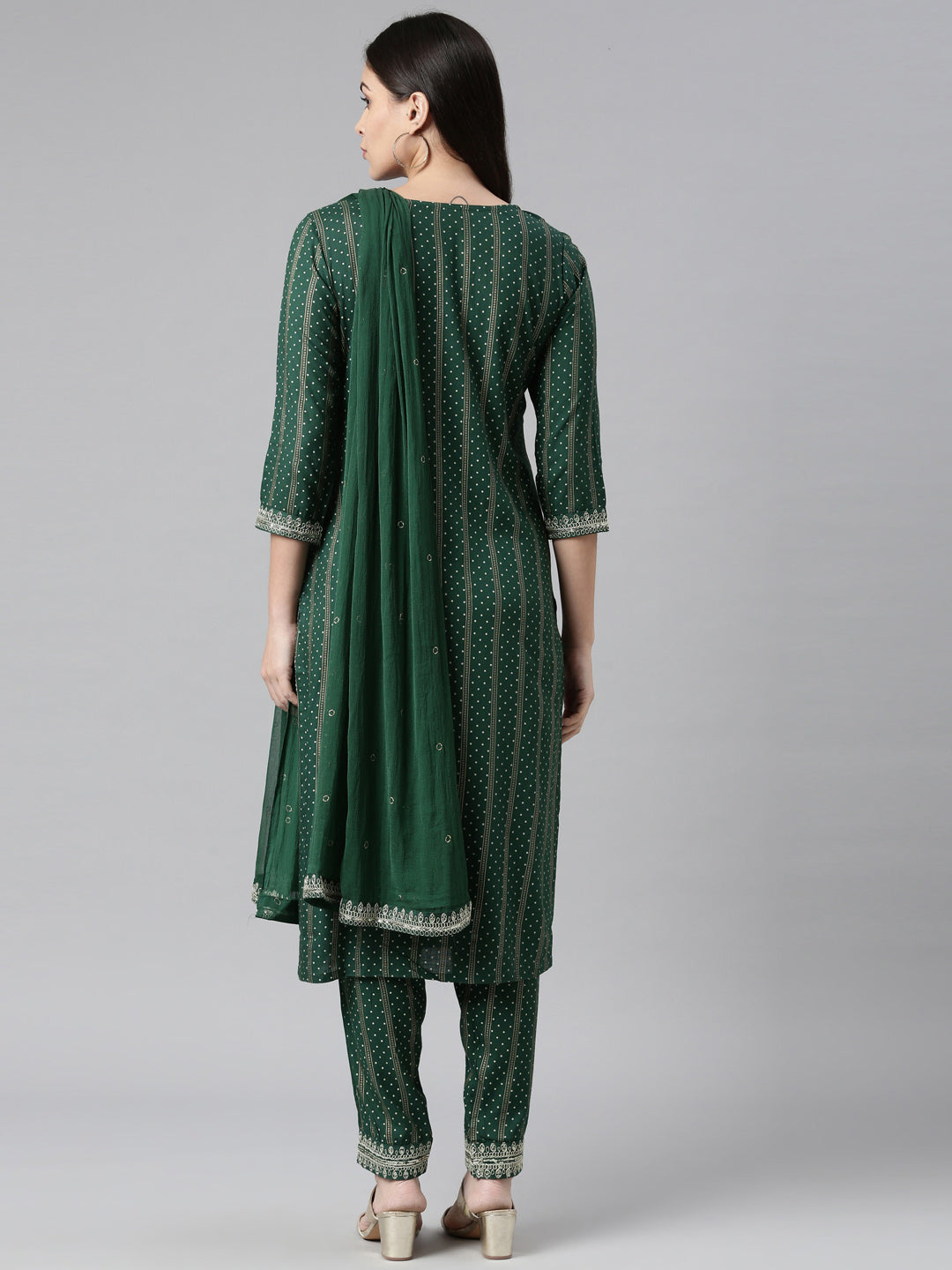 Neeru's Women Green Silver Bandhani Embroidered Kurta With Trousers With Dupatta