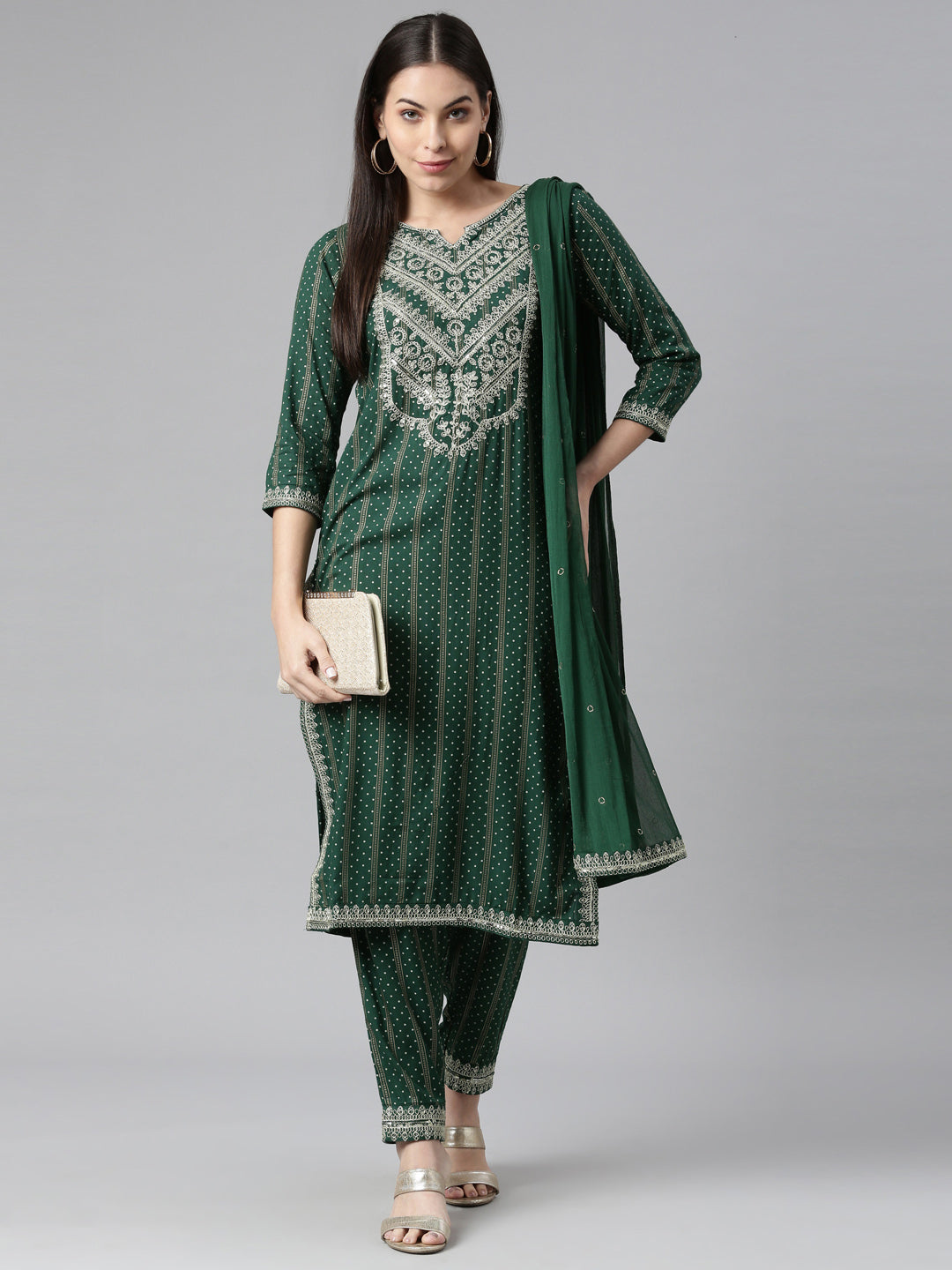 Neeru's Women Green Silver Bandhani Embroidered Kurta With Trousers With Dupatta