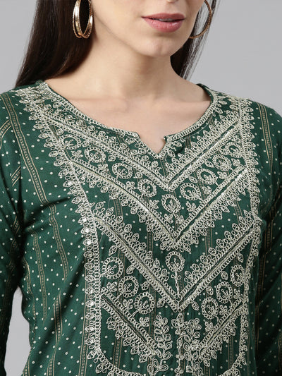 Neeru's Women Green Silver Bandhani Embroidered Kurta With Trousers With Dupatta