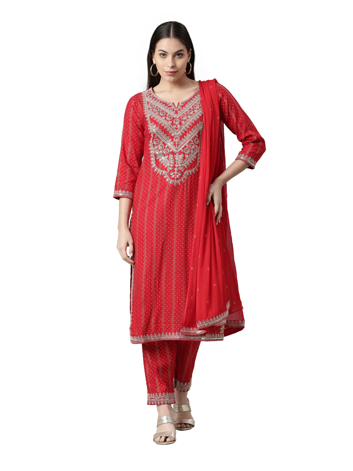 Neerus Women Red Floral Printed Kurta with Trousers  With Dupatta