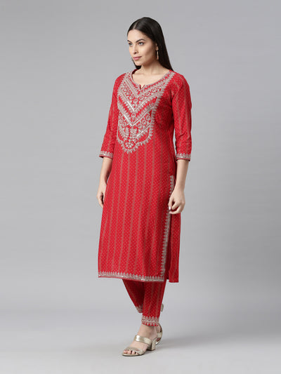 Neerus Women Red Floral Printed Kurta with Trousers  With Dupatta