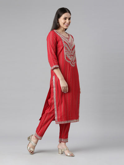 Neerus Women Red Floral Printed Kurta with Trousers  With Dupatta