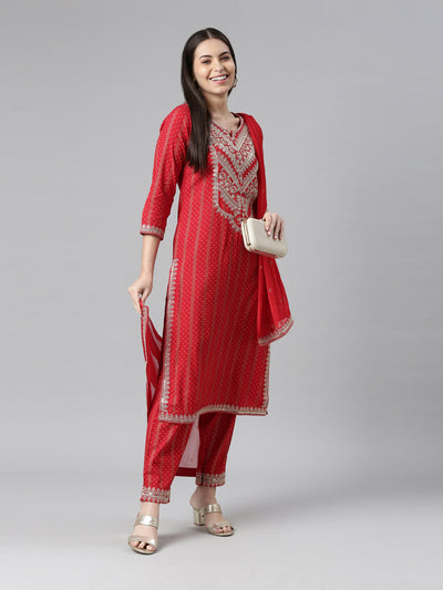 Neerus Women Red Floral Printed Kurta with Trousers  With Dupatta