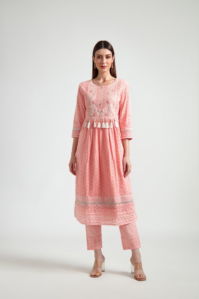 Neeru's Women Peach-Coloured Embroidered Pleated Gotta Patti Pure Cotton Kurta With Trousers With Dupatta