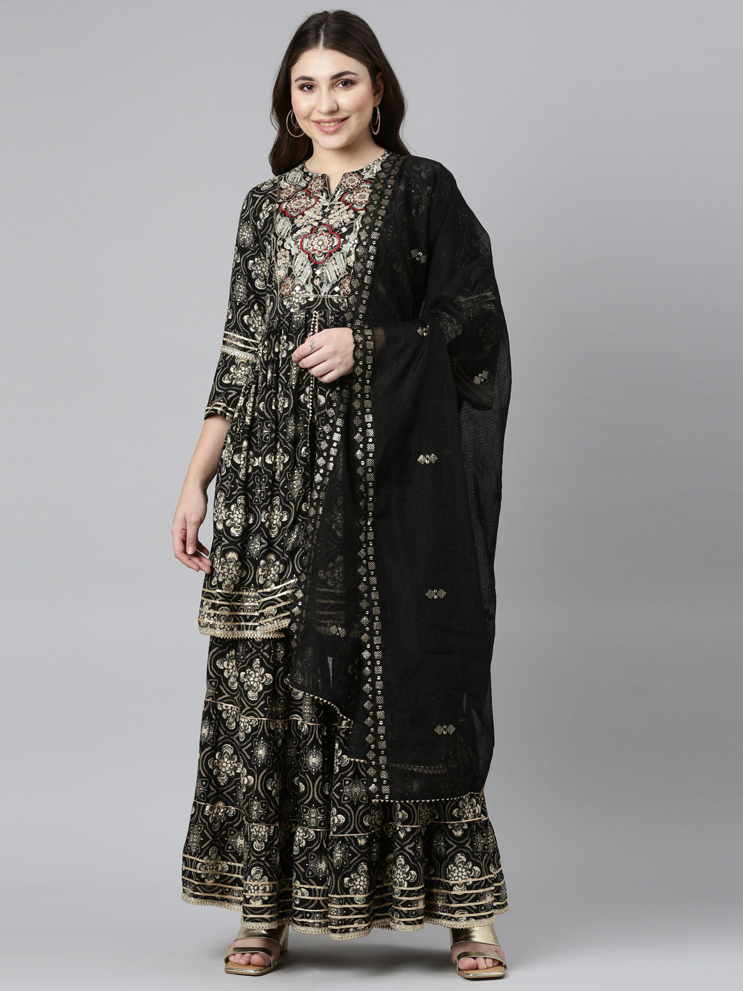 Neeru's Black Regular Straight Printed Kurta And Sharara With Dupatta