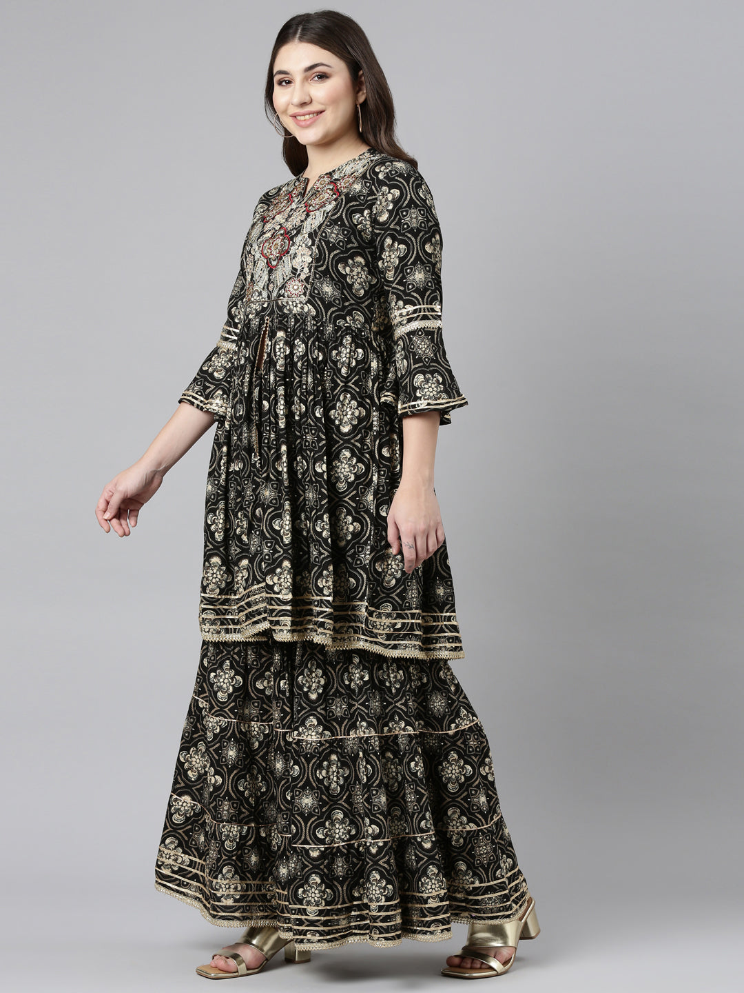 Neeru's Black Regular Straight Printed Kurta And Sharara With Dupatta