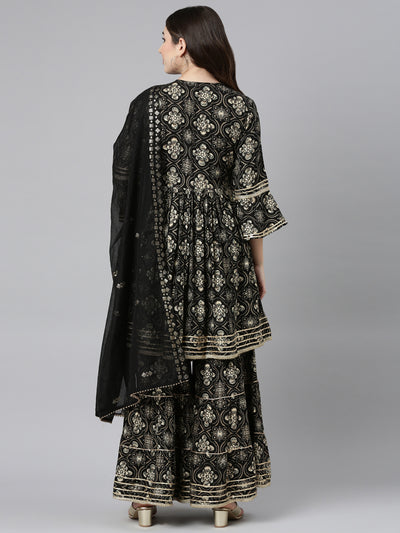 Neeru's Black Regular Straight Printed Kurta And Sharara With Dupatta