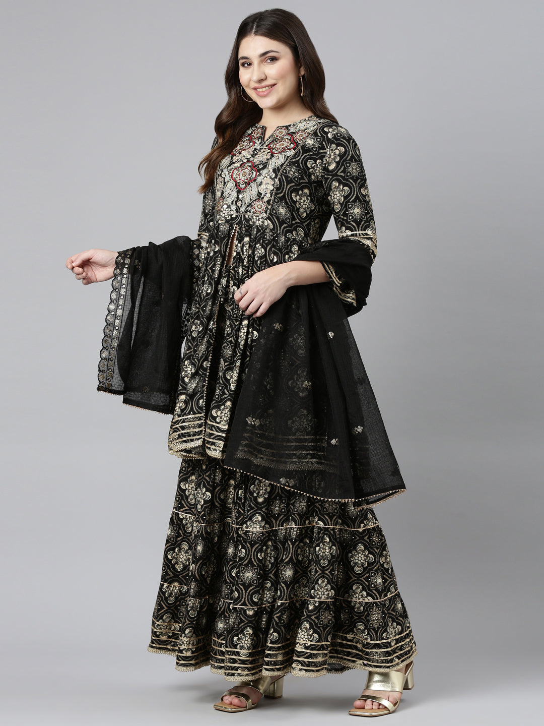 Neeru's Black Regular Straight Printed Kurta And Sharara With Dupatta