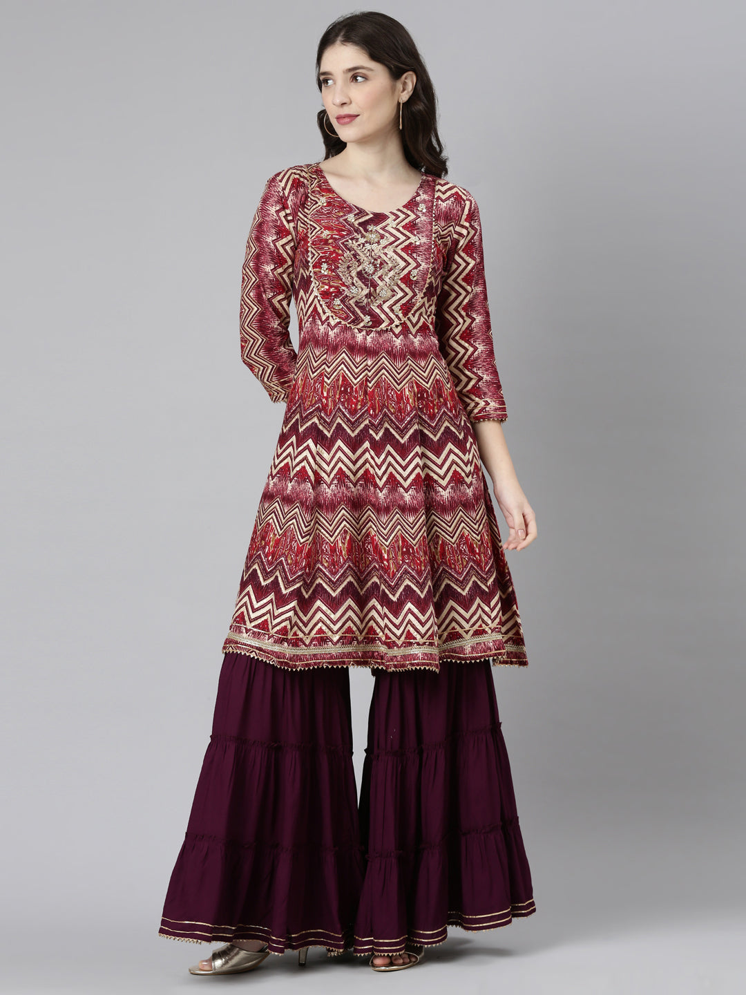 Neeru's Pink Regular Straight Printed Kurta And Sharara With Dupatta