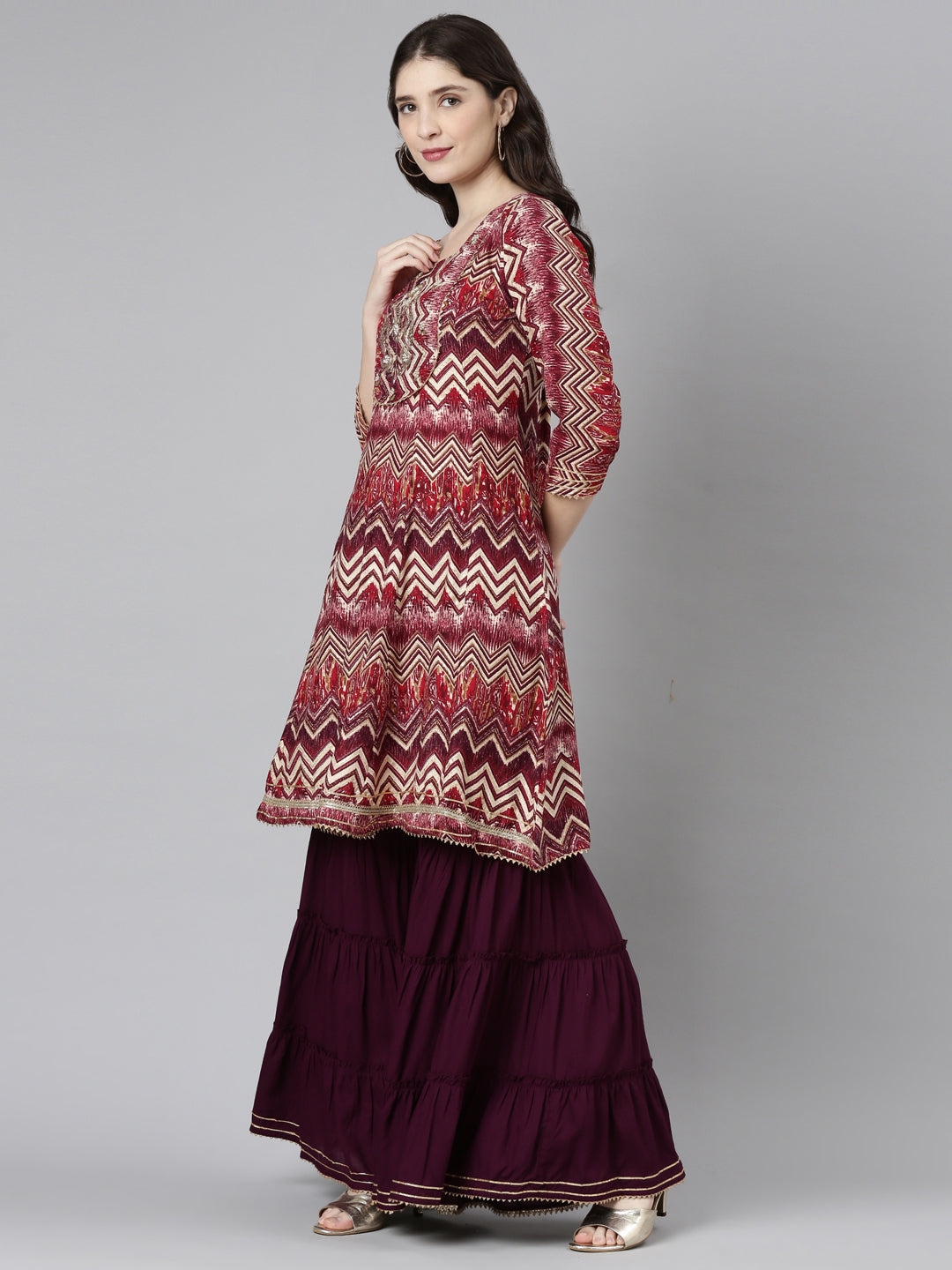 Neeru's Pink Regular Straight Printed Kurta And Sharara With Dupatta