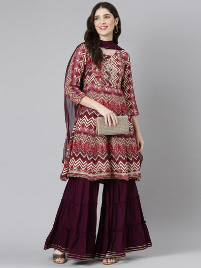 Neeru's Pink Regular Straight Printed Kurta And Sharara With Dupatta