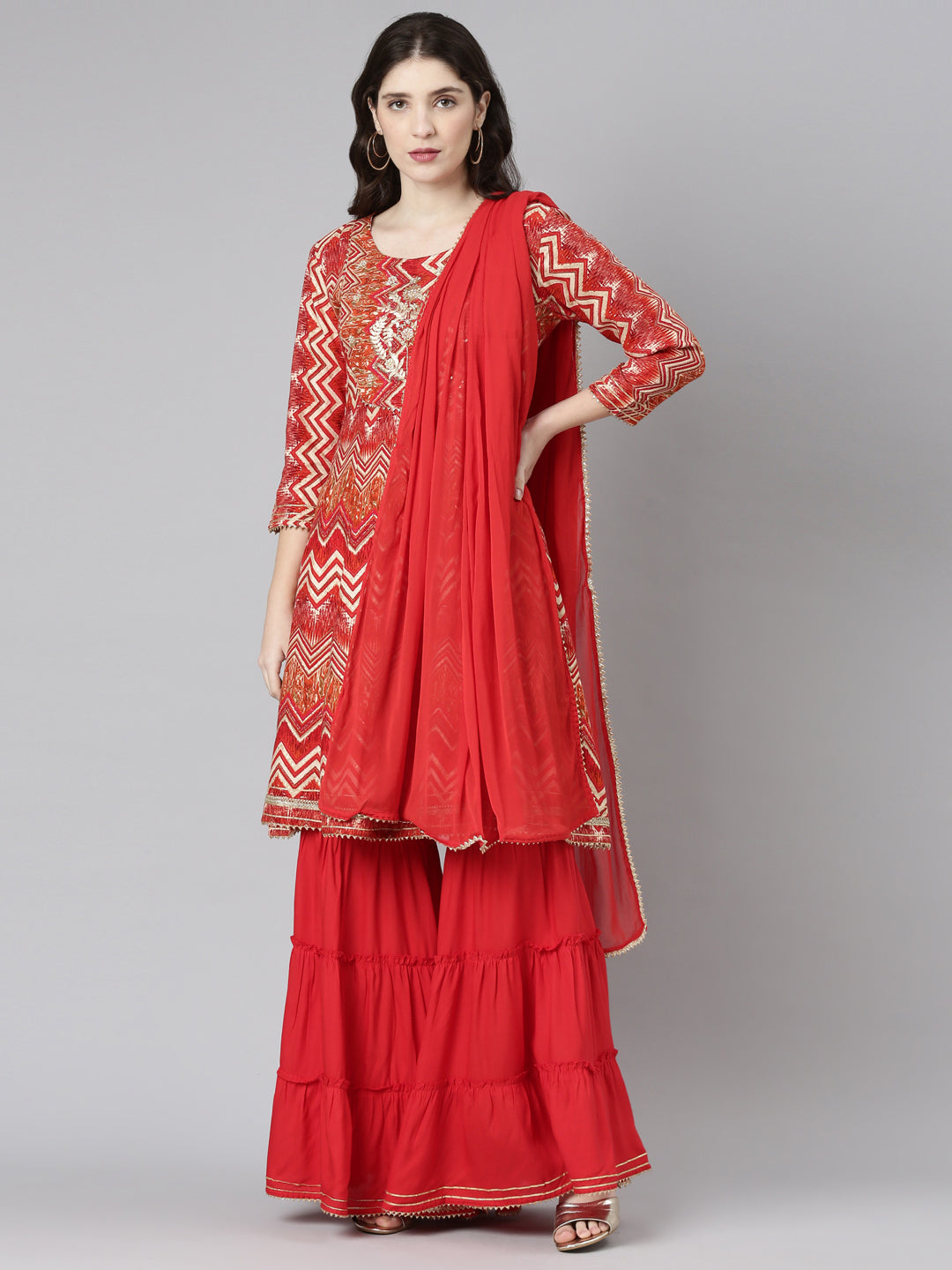 Neeru's Red Regular Straight Printed Kurta And Sharara With Dupatta