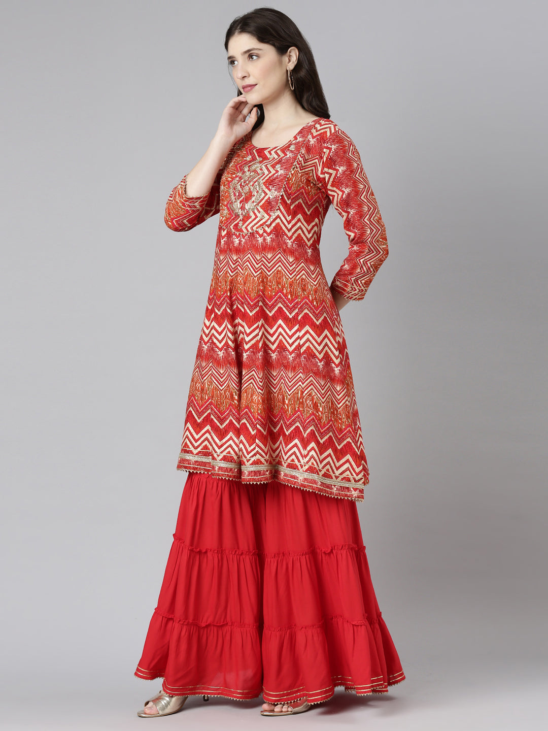 Neeru's Red Regular Straight Printed Kurta And Sharara With Dupatta