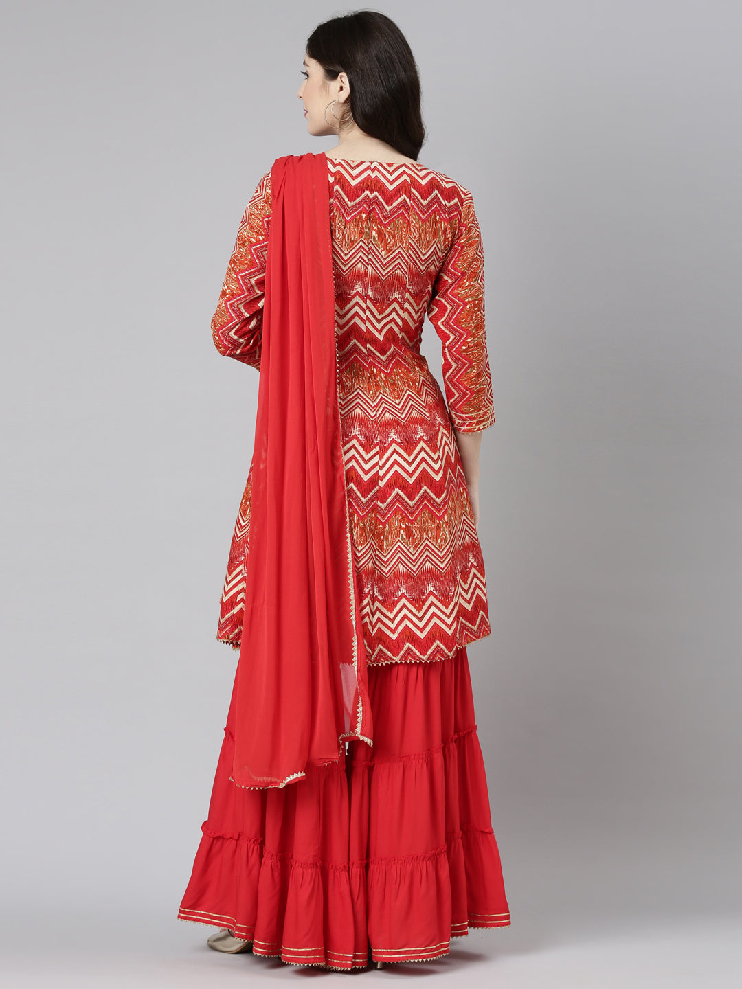 Neeru's Red Regular Straight Printed Kurta And Sharara With Dupatta