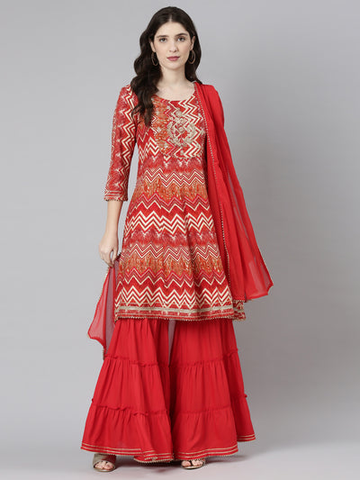 Neeru's Red Regular Straight Printed Kurta And Sharara With Dupatta