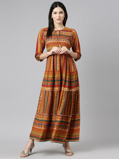 Neeru's Mustard Straight Casual Printed Gown