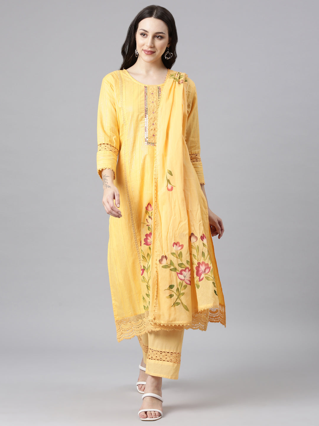 Neerus Orange Panelled Straight Kurta and Trousers With Dupatta