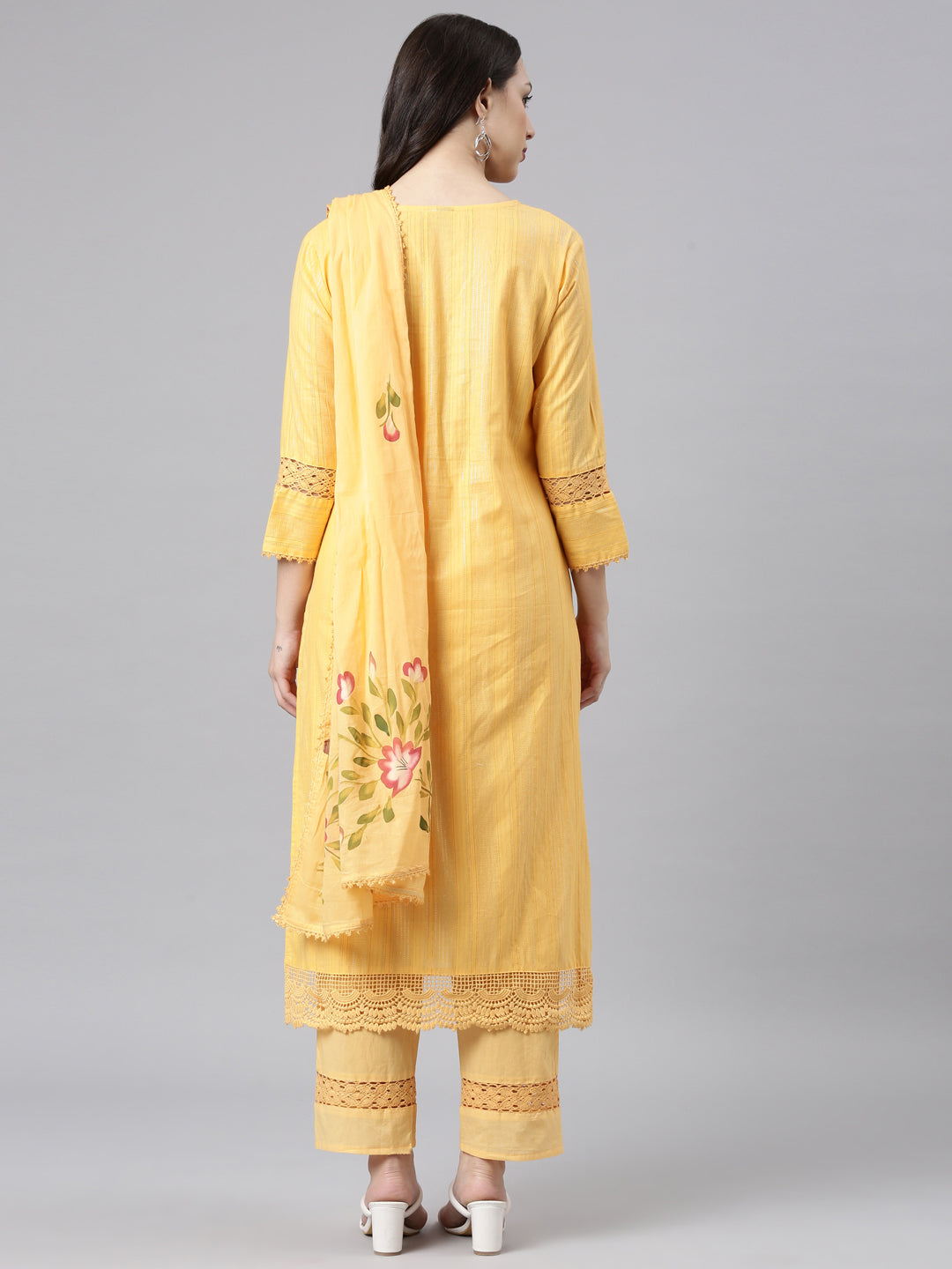 Neerus Orange Panelled Straight Kurta and Trousers With Dupatta