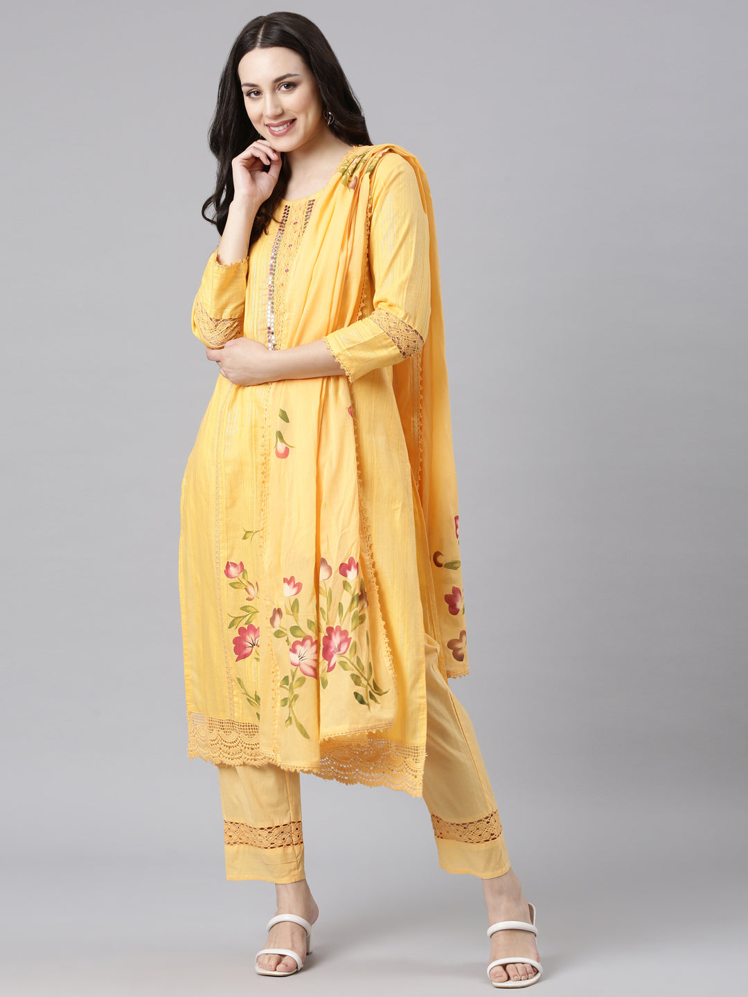 Neerus Orange Panelled Straight Kurta and Trousers With Dupatta