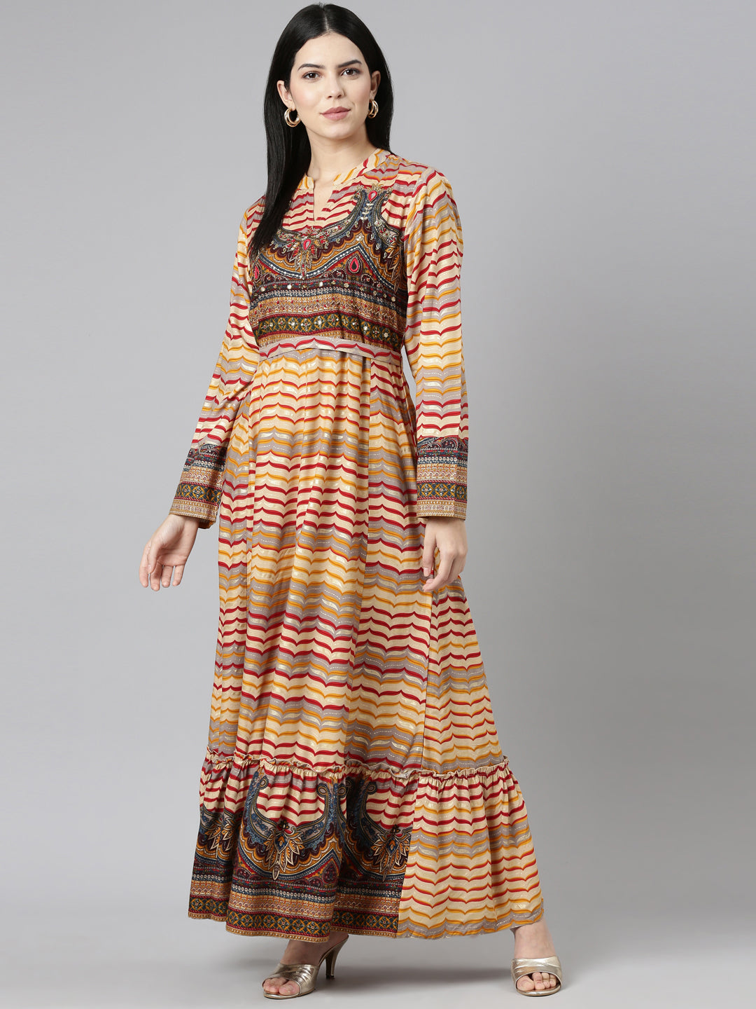 Neeru's Mustard Straight Casual Printed Dress