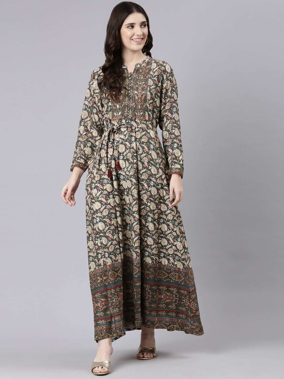 Neeru's Olive Straight Casual Printed Maxi Dresses