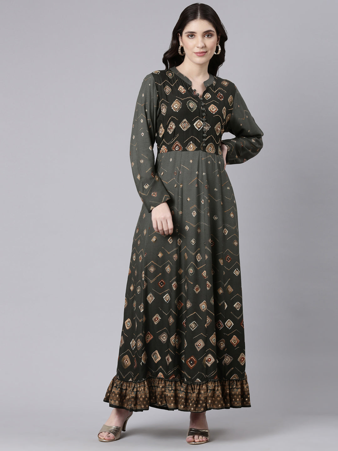 Neeru's Olive Straight Casual Printed Maxi Dresses