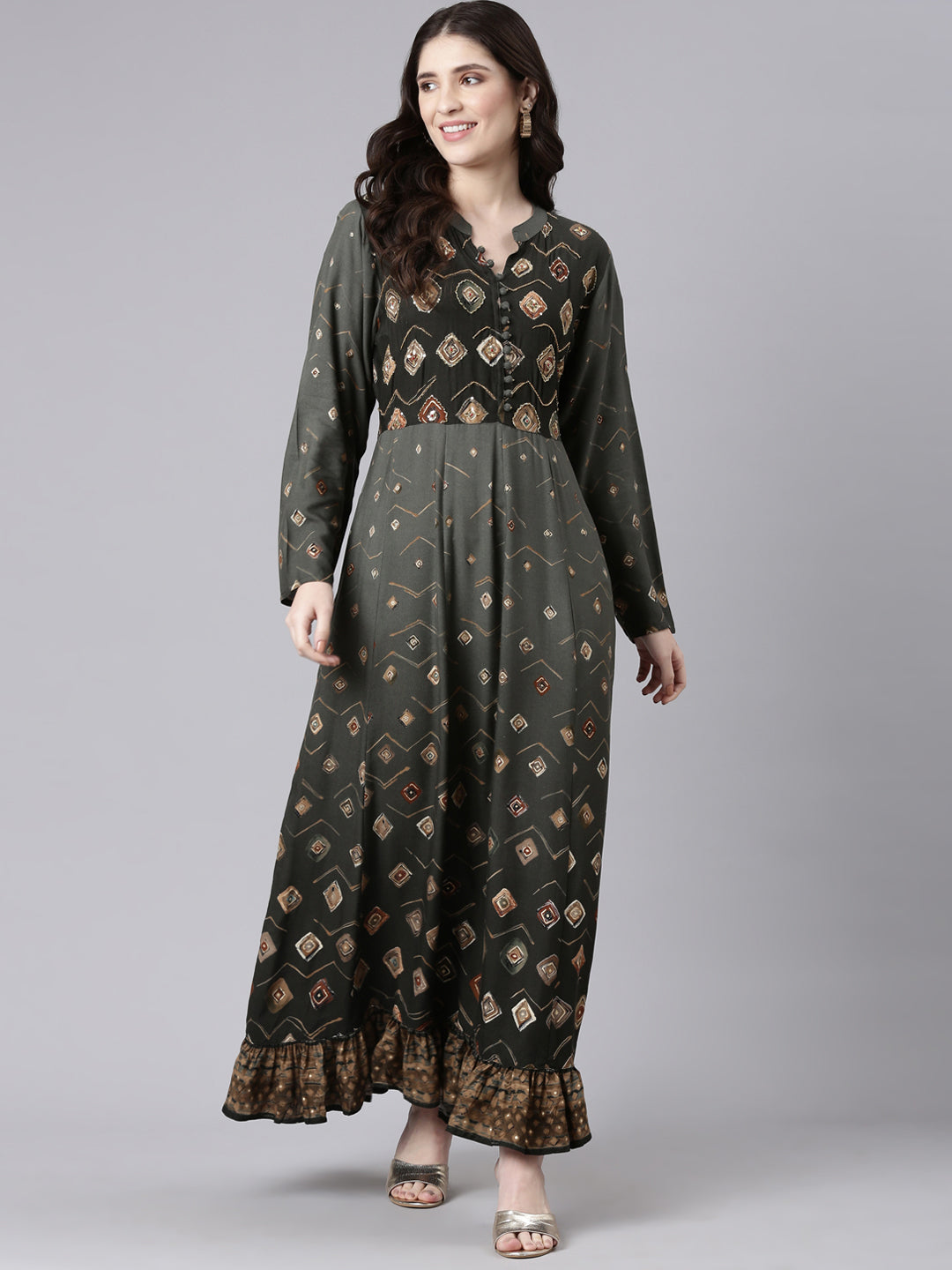 Neeru's Olive Straight Casual Printed Maxi Dresses