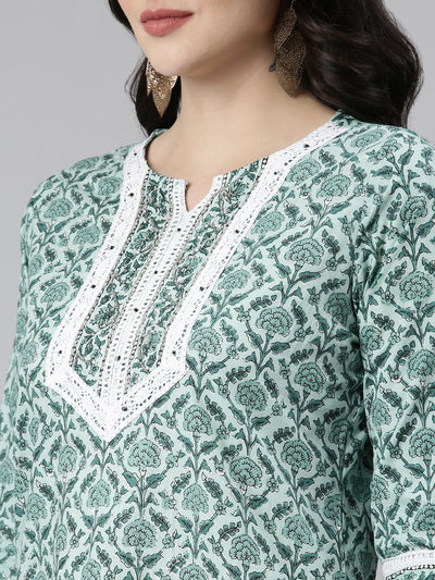 Neeru's Green Regular Straight Printed Kurta And Trousers With Dupatta