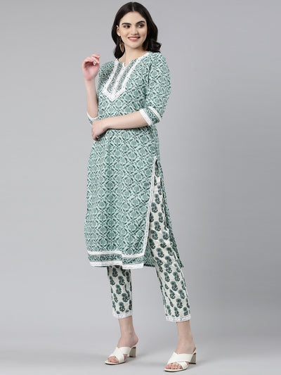 Neeru's Green Regular Straight Printed Kurta And Trousers With Dupatta