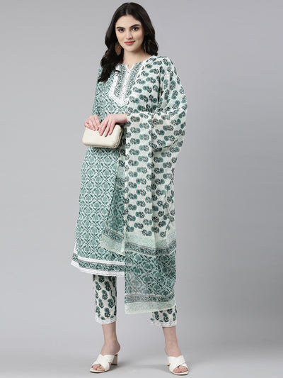 Neeru's Green Regular Straight Printed Kurta And Trousers With Dupatta