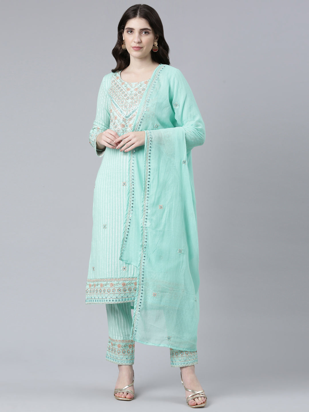 Neeru's Sea Green Regular Straight Printed Kurta And Trousers With Dupatta