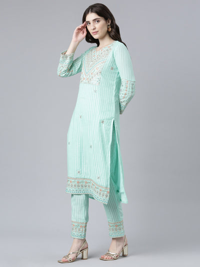 Neeru's Sea Green Regular Straight Printed Kurta And Trousers With Dupatta