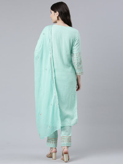 Neeru's Sea Green Regular Straight Printed Kurta And Trousers With Dupatta