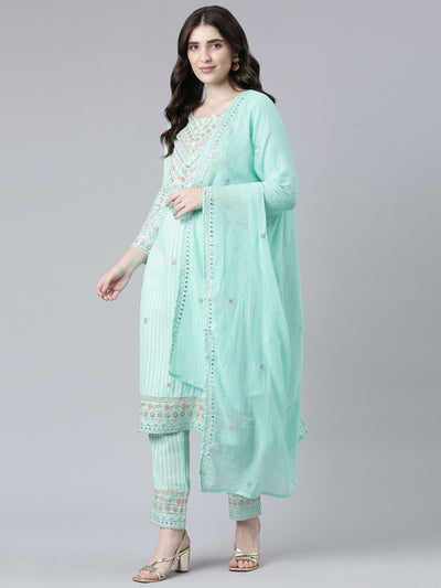 Neeru's Sea Green Regular Straight Printed Kurta And Trousers With Dupatta