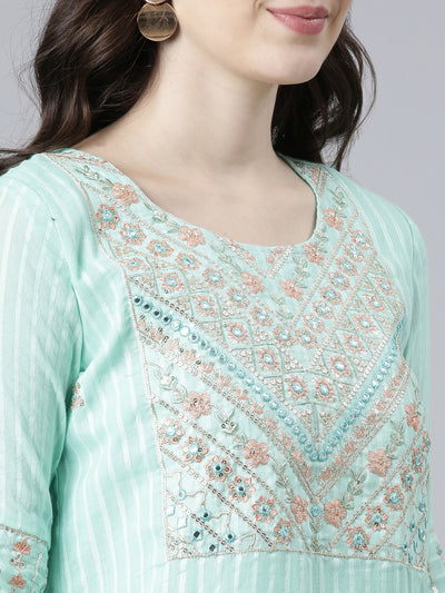 Neeru's Sea Green Regular Straight Printed Kurta And Trousers With Dupatta