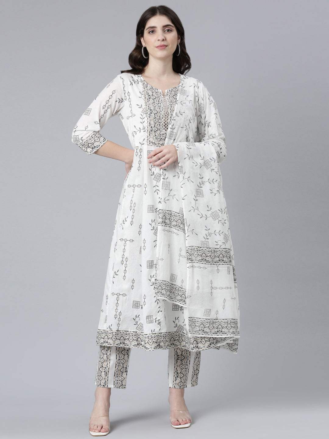 Neeru's White Regular Straight Printed Kurta And Trousers With Dupatta