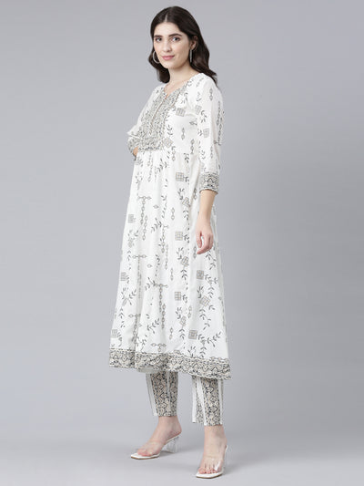 Neeru's White Regular Straight Printed Kurta And Trousers With Dupatta