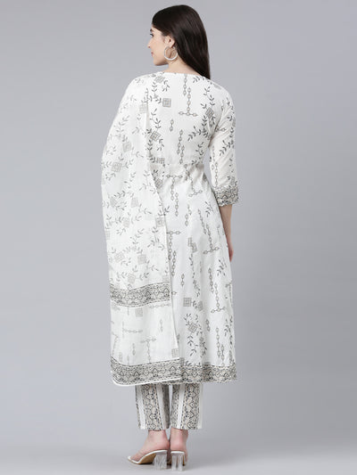 Neeru's White Regular Straight Printed Kurta And Trousers With Dupatta