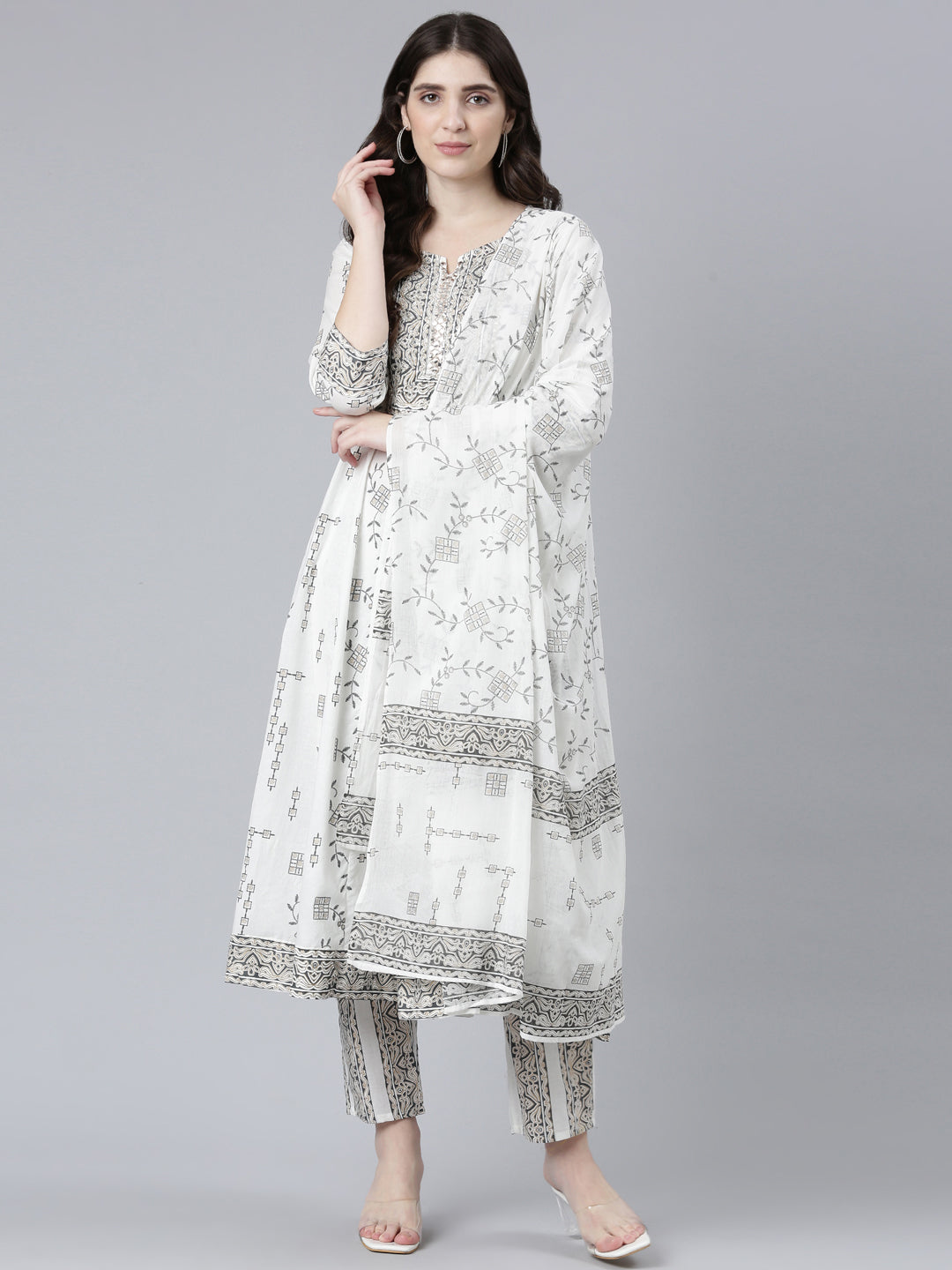 Neeru's White Regular Straight Printed Kurta And Trousers With Dupatta