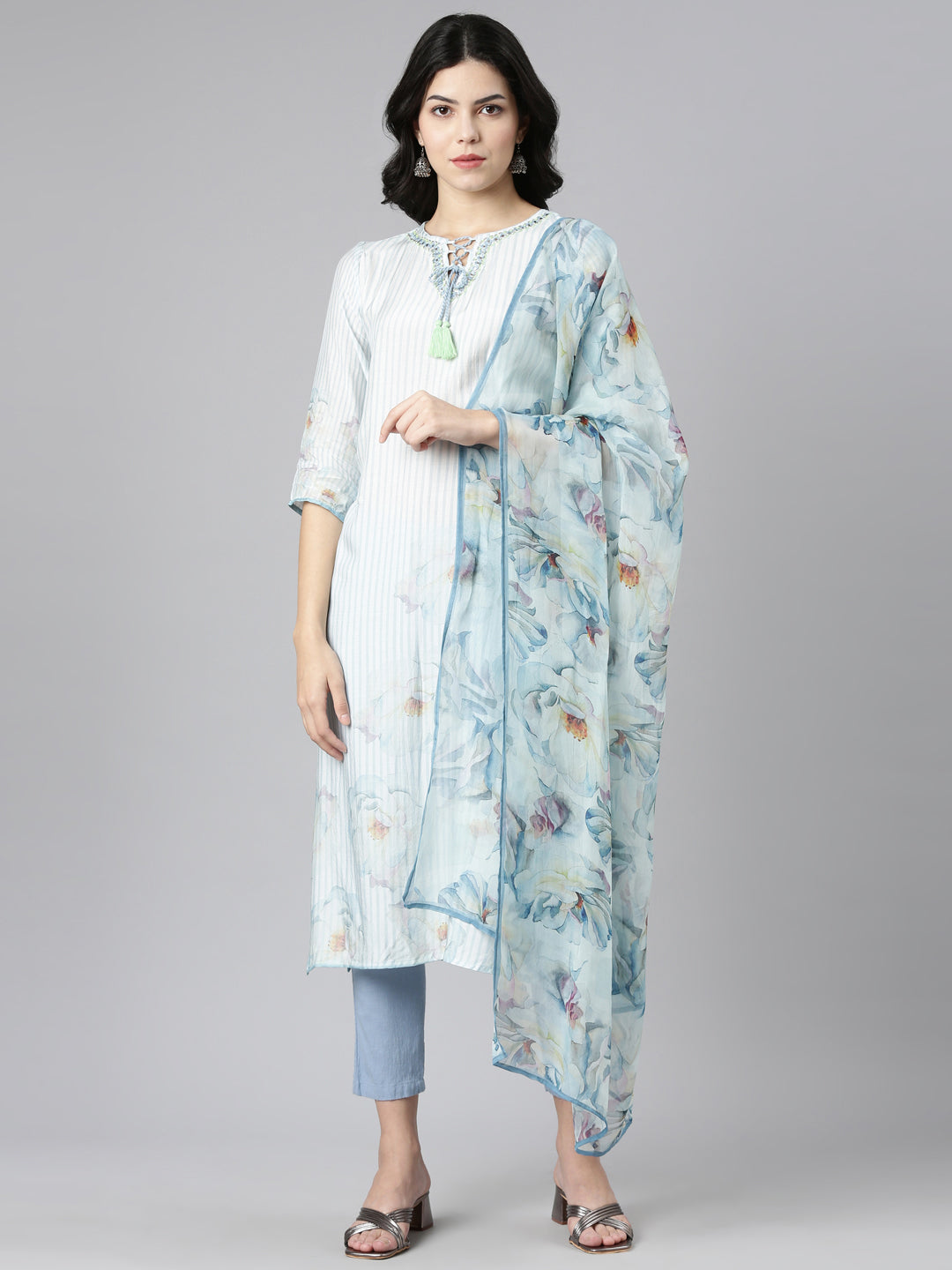 Neeru's Blue Regular Straight Embroidered Kurta And Trousers With Dupatta