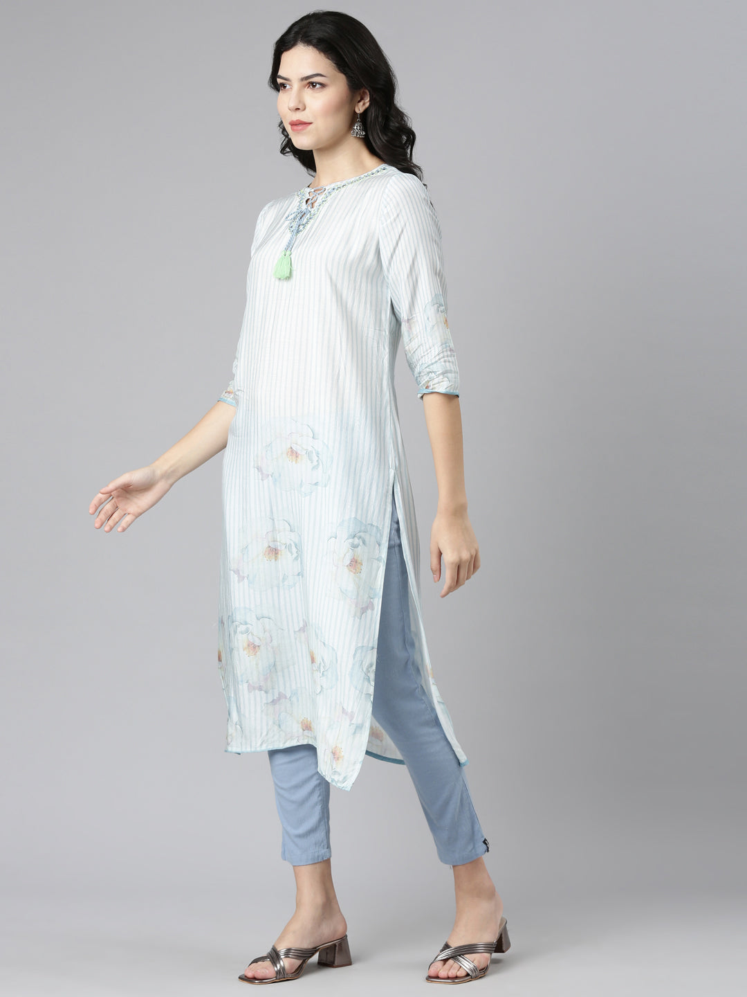 Neeru's Blue Regular Straight Embroidered Kurta And Trousers With Dupatta