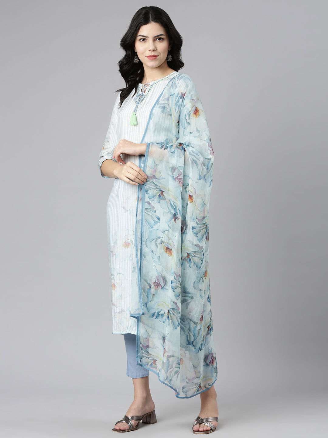 Neeru's Blue Regular Straight Embroidered Kurta And Trousers With Dupatta