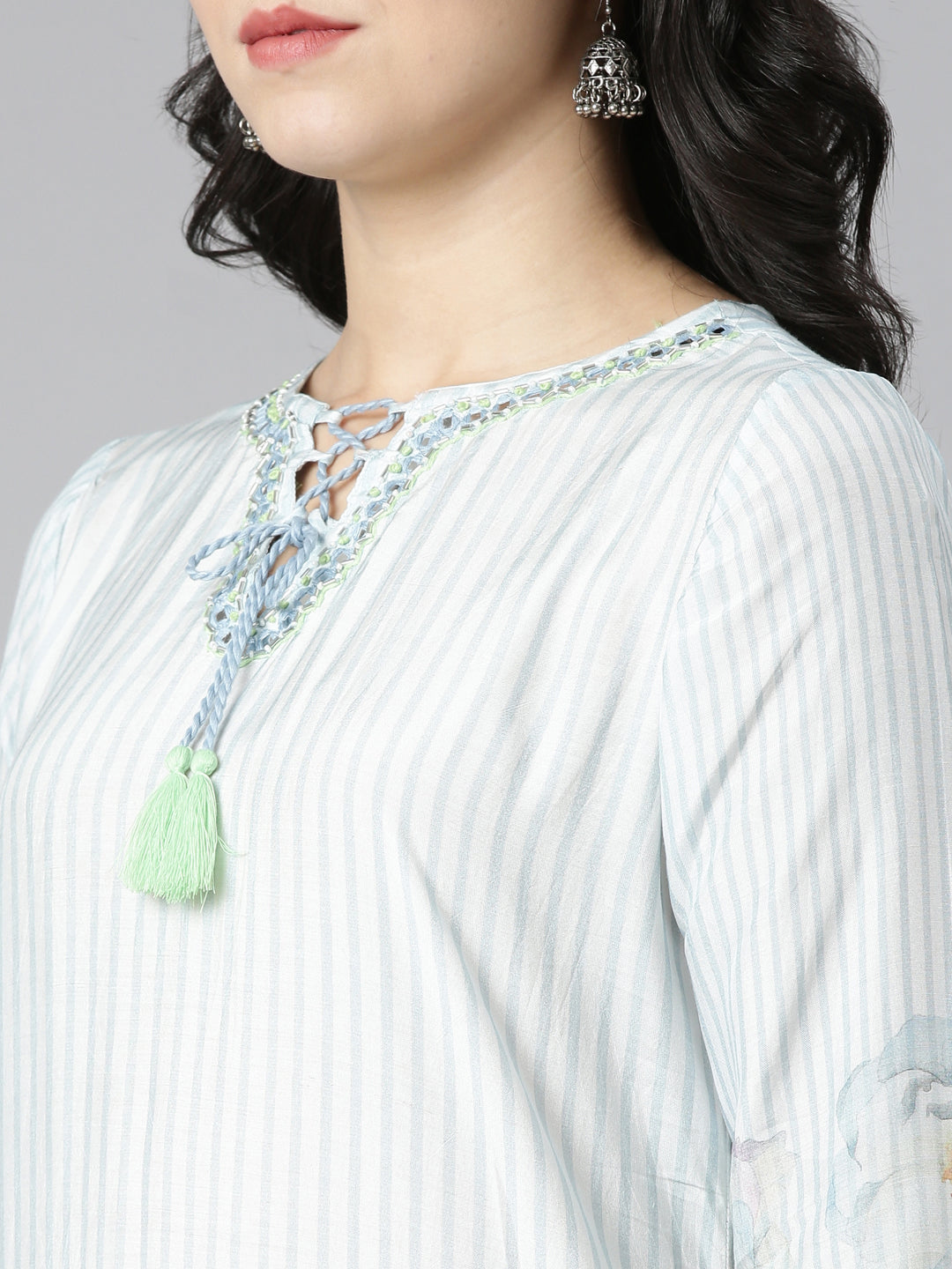 Neeru's Blue Regular Straight Embroidered Kurta And Trousers With Dupatta