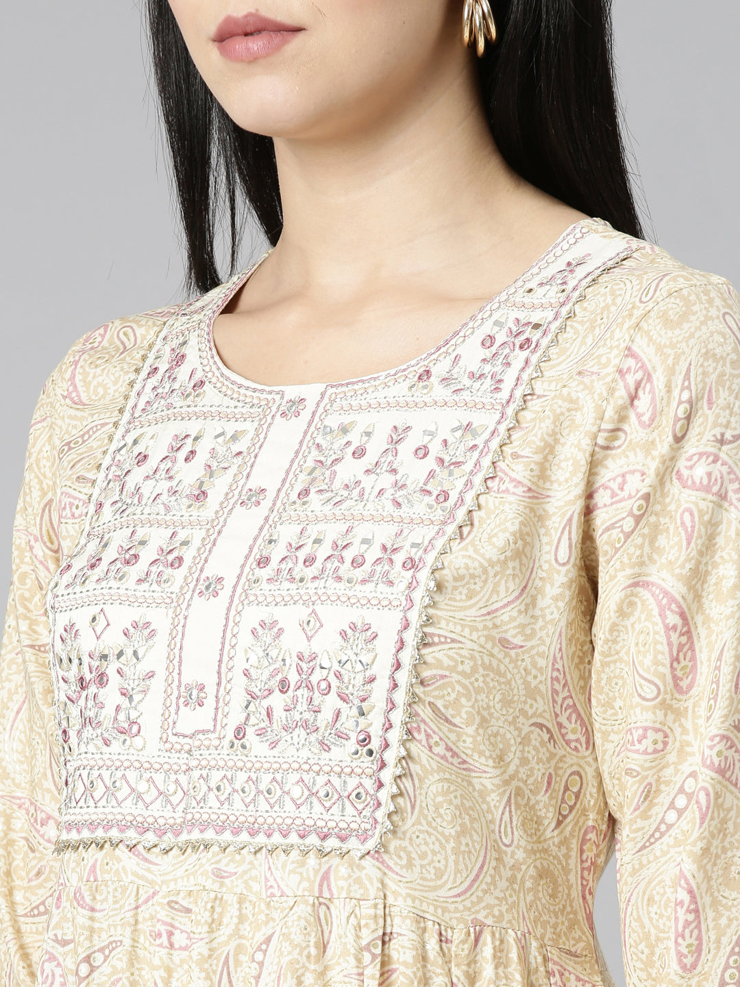 Neeru's Cream Regular Straight Printed Readymade suits