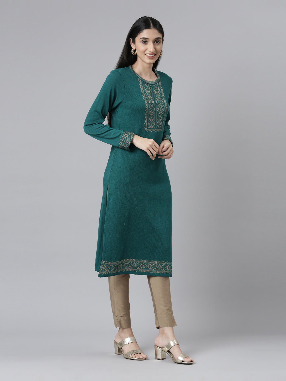 Neeru's Yoke Design Straight Fit Calf Length Acrylic Kurta