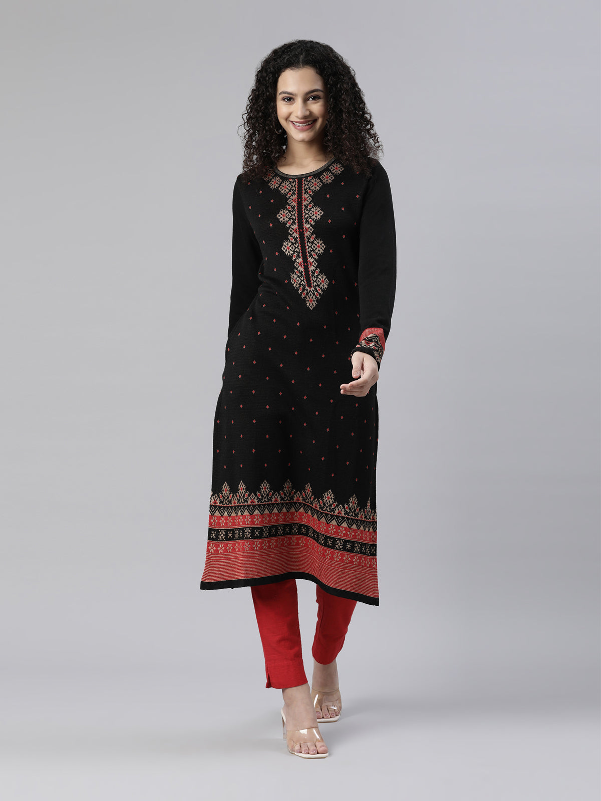 Neeru's Winter Wear Black Ethnic Motifs Acrylic Dry Clean Kurta For Women